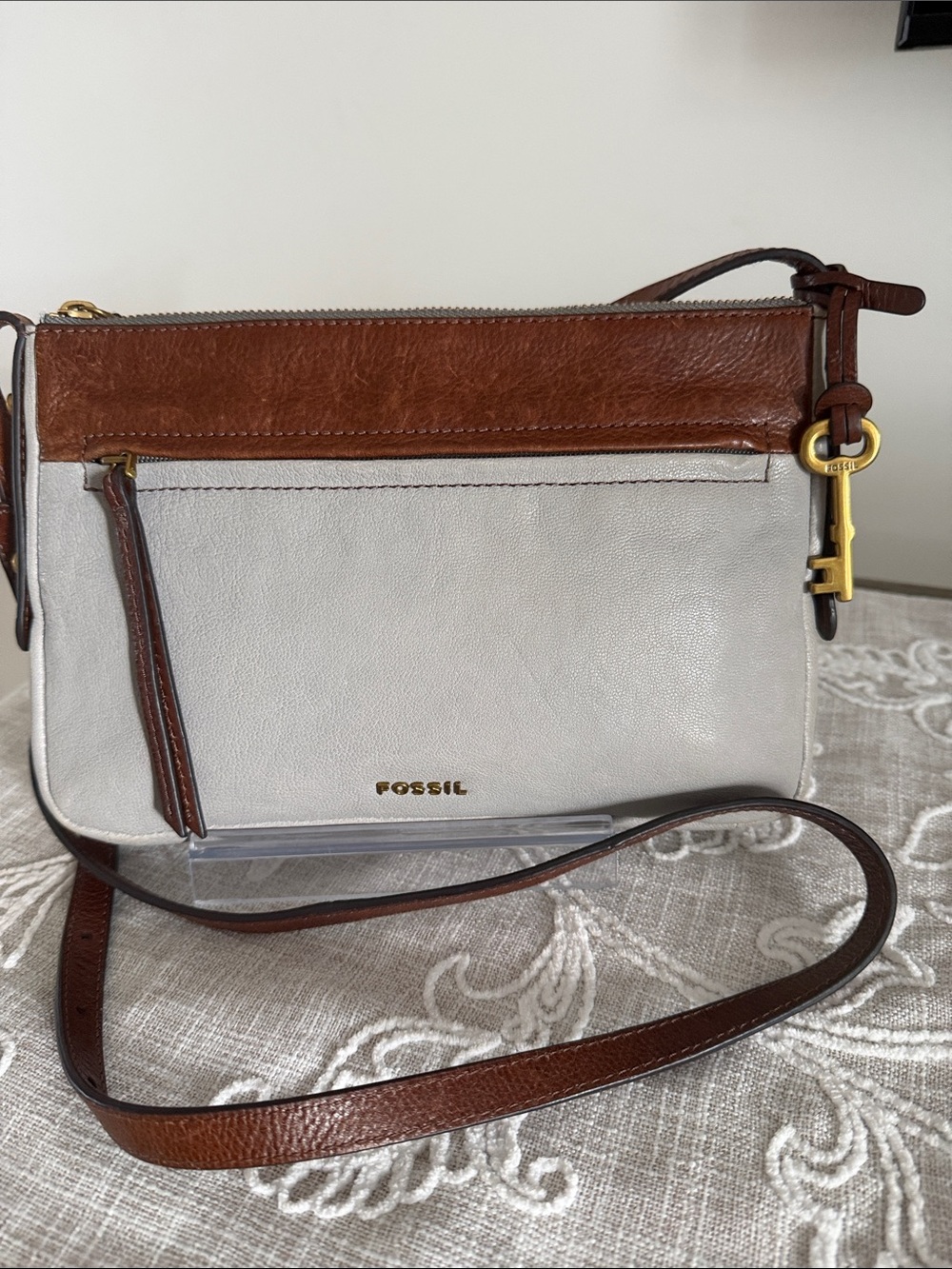 Fossil Two-Tone Fiona Leather Crossbody Bag in Brown and Light Gray